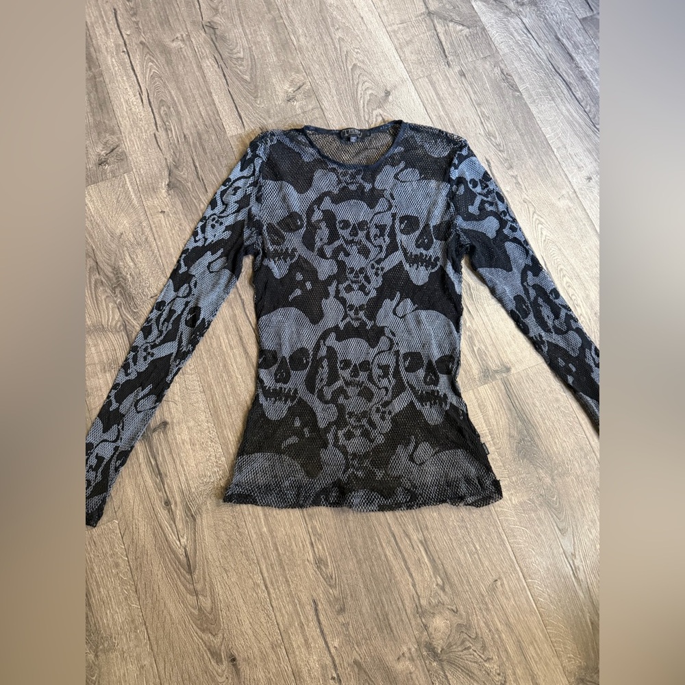 VTG Tripp NYC Mesh Sheer Shirt MENS L FLAWLESS Skull & Crossbones Goth Emo